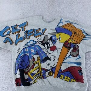 Vintage Sylvester Tweety Get a Life Sweatshirt BOXY SHORT Large Looney Tunes 90s